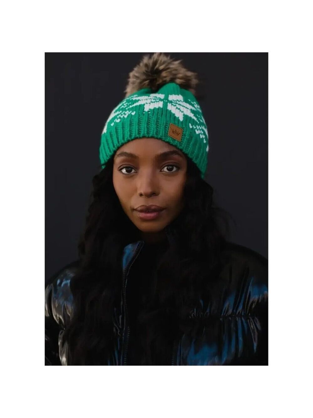 ($10) Pom Pom Hat - Green & White Snowflakes